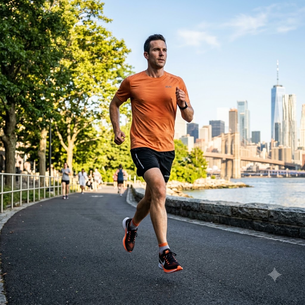 A man running on an outdoor city path wearing an orange short-sleeve athletic shirt, black shorts, and running shoes, with trees, water, and a city skyline in the background.