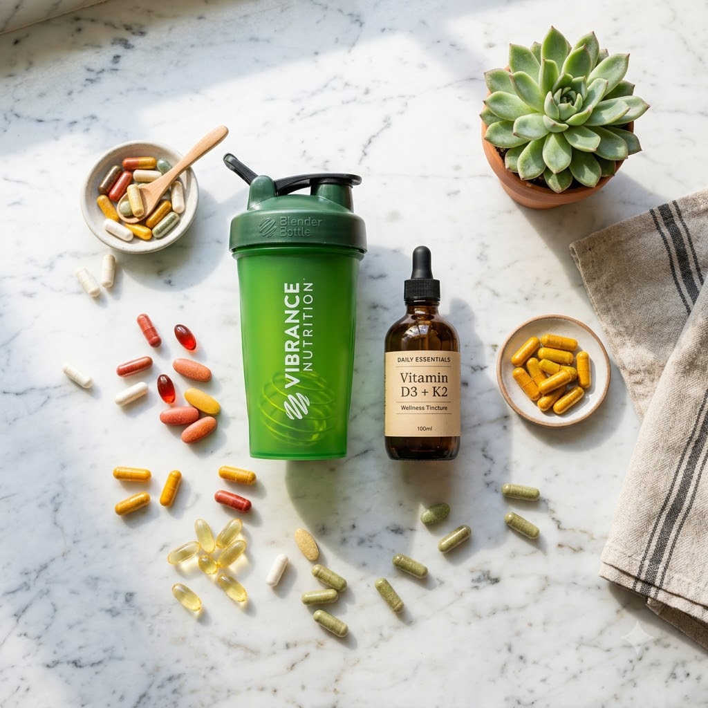 A green shaker bottle and an amber dropper bottle labeled Vitamin D3 + K2 are arranged on a white marble surface with scattered capsules, a small succulent, and a folded cloth.