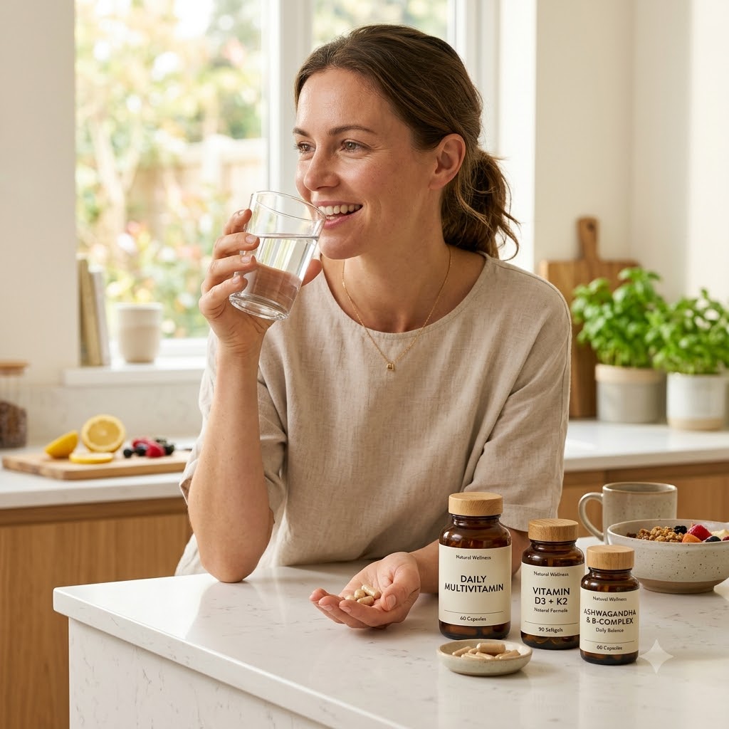 A woman in a beige linen top sits at a kitchen counter, smiling and holding a glass of water while holding pills in her other hand. Three supplement bottles labeled Daily Multivitamin, Vitamin B Complex, and Cholecalciferol & Complex are arranged on the counter in front of her.
