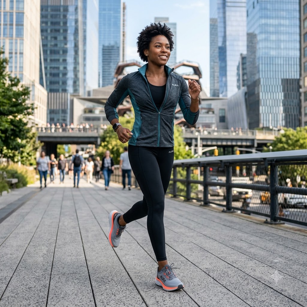 A woman running on an urban boardwalk surrounded by tall glass skyscrapers, wearing a dark gray and teal zip-up athletic jacket, black leggings, and gray running shoes with coral accents.