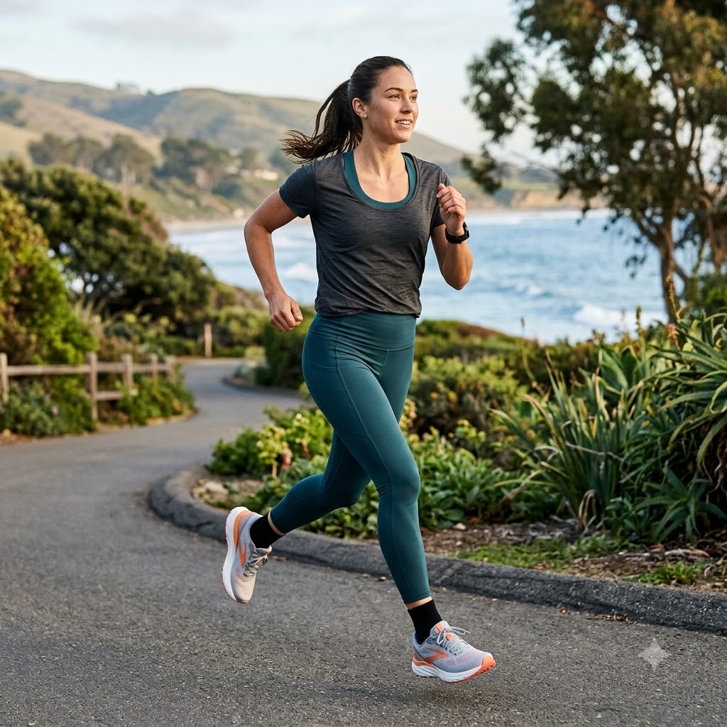 A woman jogging on a paved coastal path wearing a dark gray short-sleeve athletic top, teal leggings, and gray running shoes with orange accents, with ocean and hills in the background.