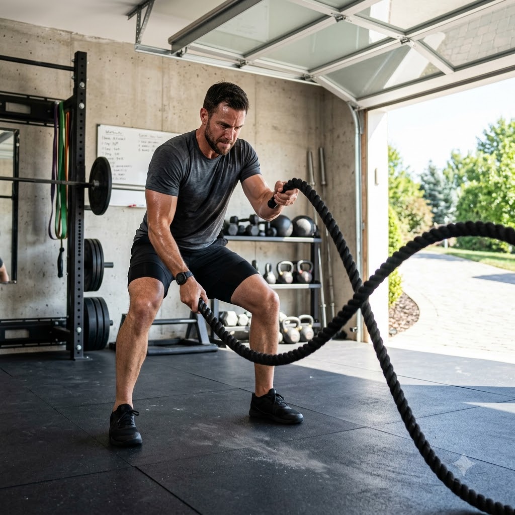 A man in a gym garage wearing a dark gray t-shirt and black shorts, performing a battle-royce style exercise with black battle ropes.