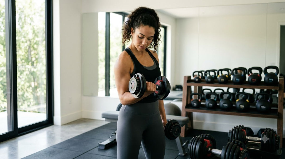 A woman in a gym setting, wearing a black tank top and gray leggings while holding a silver and black adjustable dumbbell. In the background, a wooden rack holds multiple black kettlebells.