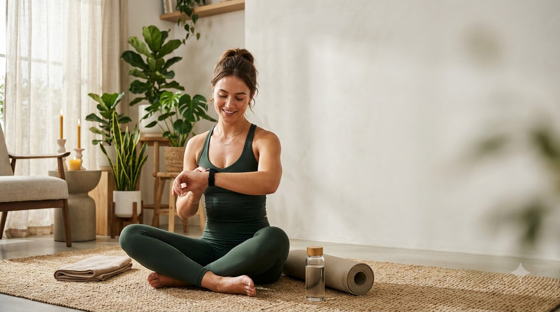 A woman in a dark green athletic tank top and matching leggings sits cross-legged on a woven rug, checking her wristwatch in a bright, modern room with plants and yoga mats.