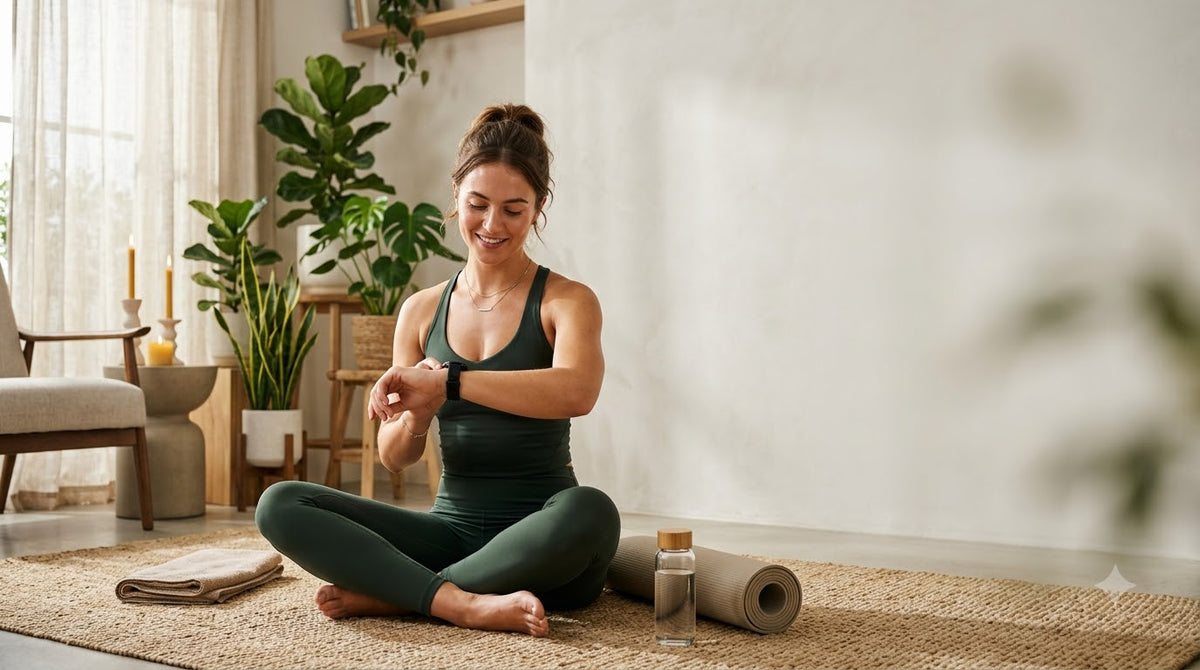 A woman in a dark green athletic tank top and matching leggings sits cross-legged on a woven rug, checking her wristwatch in a bright, modern room with plants and yoga mats.