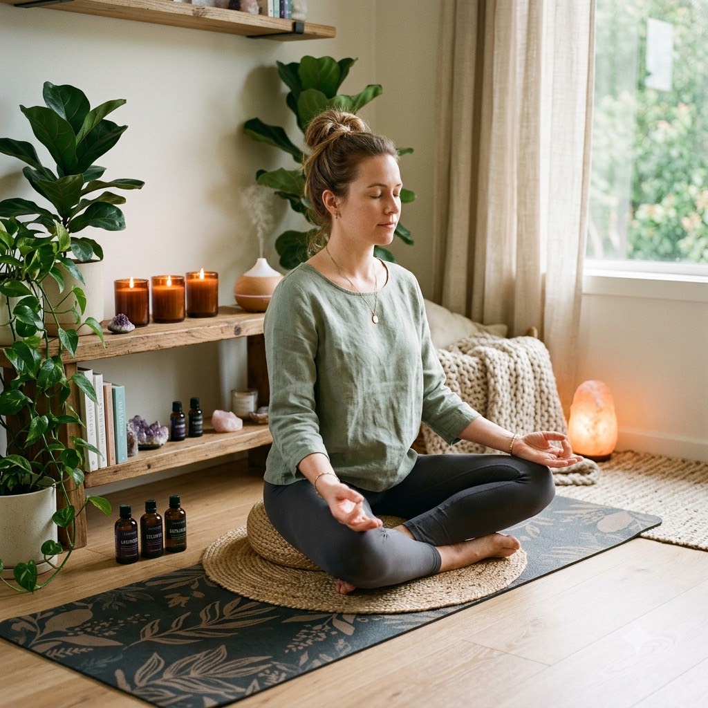 A woman meditating cross-legged on a patterned yoga mat in a cozy, plant-filled room with candles, shelves, and a glowing salt lamp.