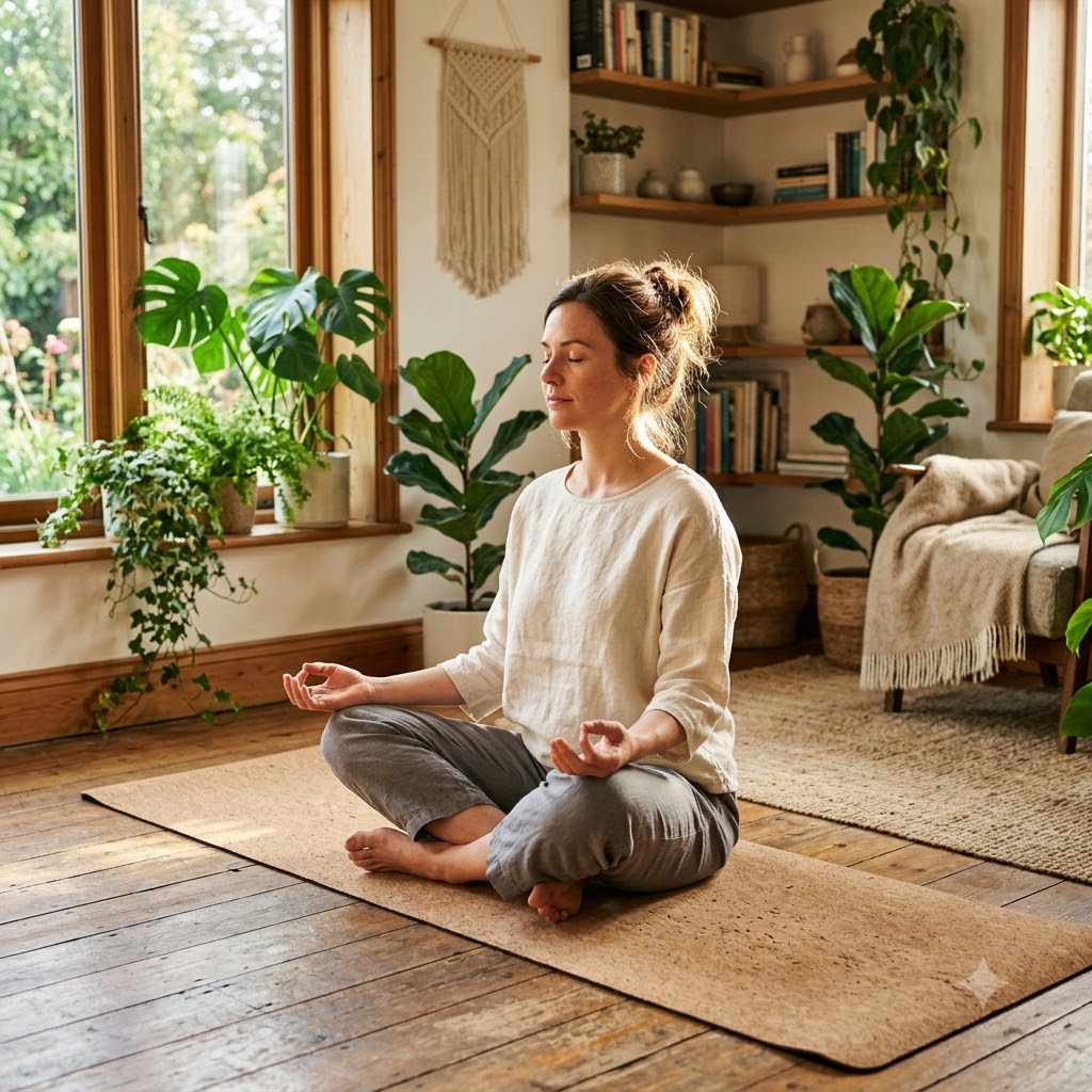 A woman sits cross-legged on a natural jute yoga mat in a cozy, sunlit room with wooden floors, shelves, and numerous green houseplants. She is wearing a cream linen long-sleeve top and gray pants, with her eyes closed in a meditative pose.