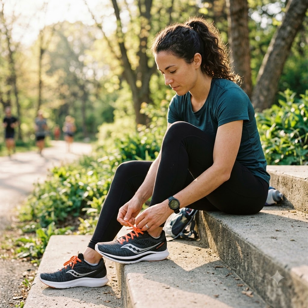 A woman sitting on concrete steps in a park, tying the orange laces of a black and white running shoe. She is wearing a dark teal t-shirt, black leggings, and a black watch.
